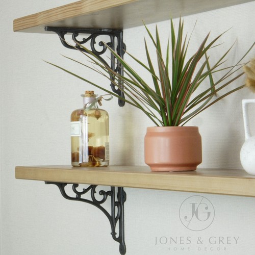 RUSTIC SOLID WOOD WALL BOOK SHELF SHELVES WITH WOODEN / METAL BRACKETS LIGHT OAK - Picture 32 of 38