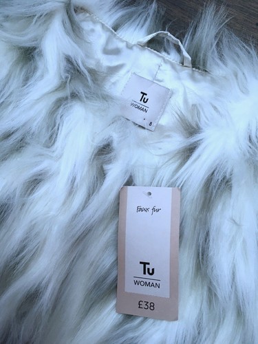 TU LADIES GREY & WHITE FUR GILET WAISTCOAT LONG SLEEVELESS JACKET SIZE 8 NEW - Picture 4 of 8