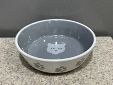 Spectrum Designz Cat Dish Ceramic Pet Bowl White Grey 5” Paw Print Design Unused