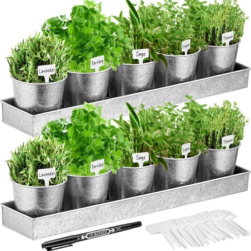 Garden Herb Galvanized Metal 10 Pots 2 Trays Botanical Farmhouse Window INDUSTRI