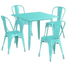 35.5'' Square Seafoam Metal Restaurant Table Set with 4 Chairs For Outdoor Use