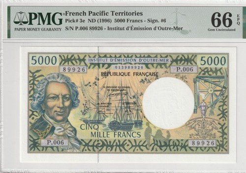 French Pacific Territories 1996 5000 Francs PMG Certified Banknote UNC 66 EPQ 3e - Picture 1 of 2