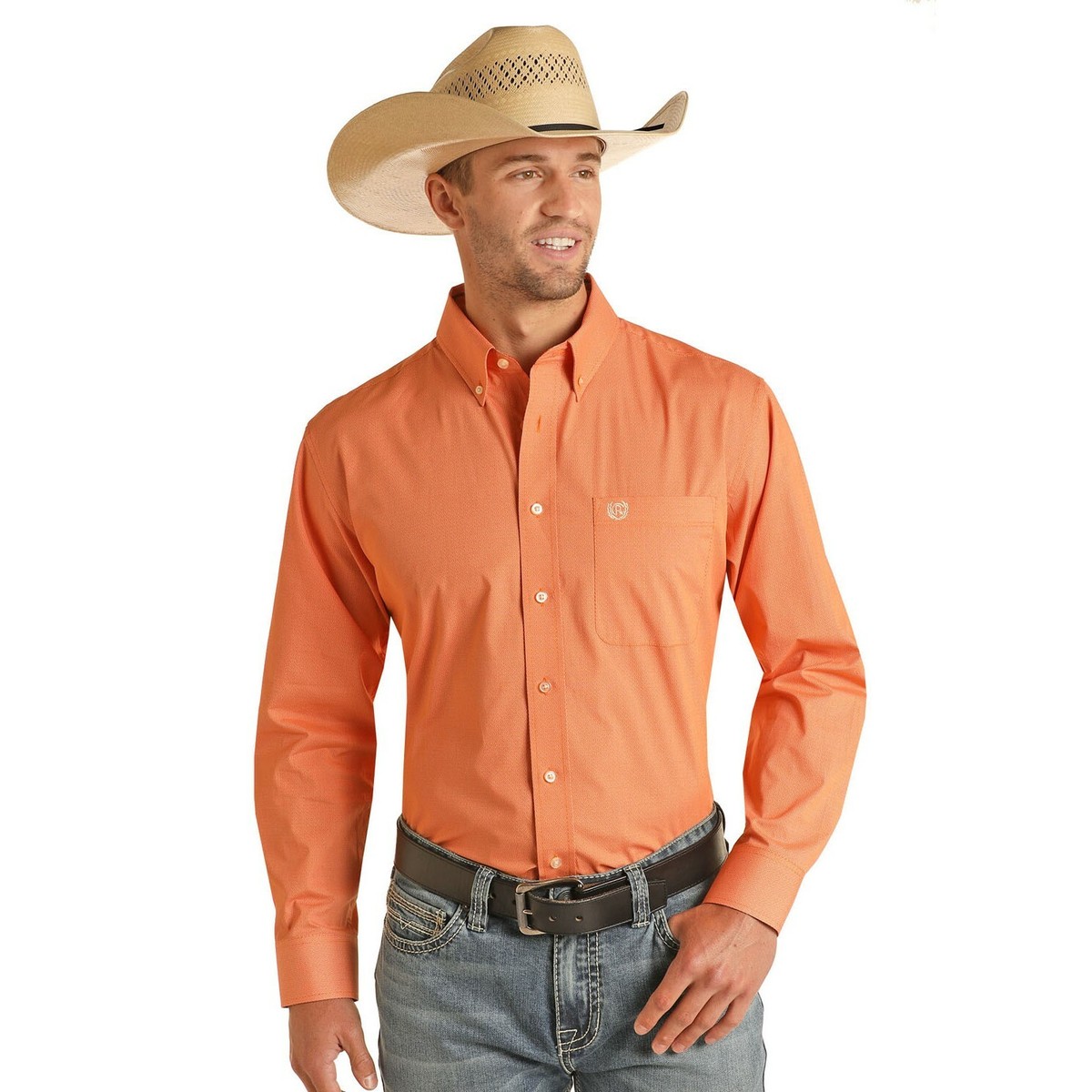 Rock Roll Cowboy Men s Poplin Print Orange Button Down Shirt 36D3170