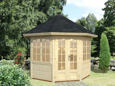 PALMAKO Gartenpavillon Holz 28mm VERONICA m.2Fenster 289x289cm 28mm Wände 6-Eck Pavillon