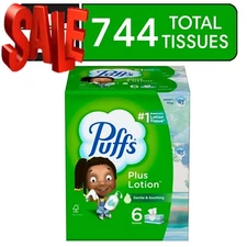 Puffs Plus Lotion Facial Tissue, 6 Family Size Boxes, 124 Tissues per Box