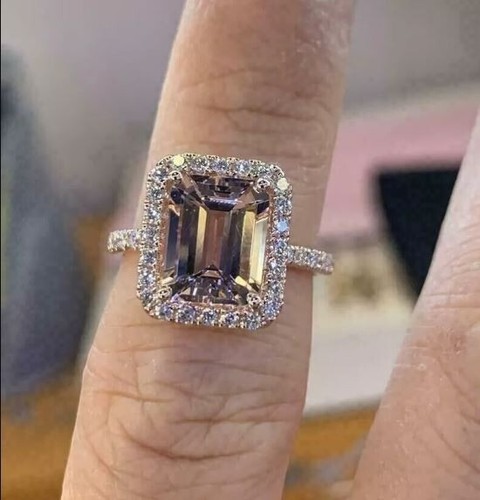 14K Rose Gold Plated 3Ct Emerald Cut Lab Created Morganite Halo Engagement Ring - Picture 4 of 5