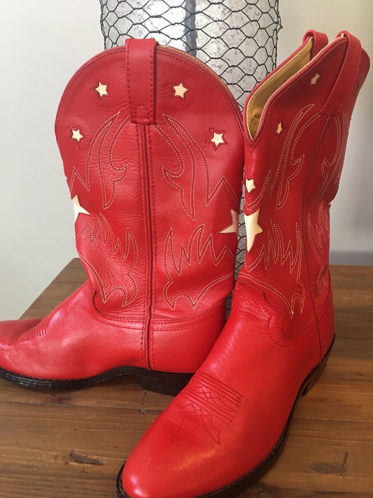 Justin Red Leather Inlay Stars Cowboy Boots Style 6006Y Youth Sz 6 D VGC  Y2k | eBay