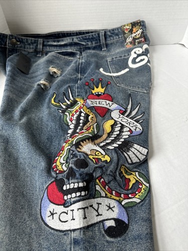 Men’s Size 38 Ed Hardy Denim Jeans New York City Eagle Skull Patch Distressed - Picture 12 of 12