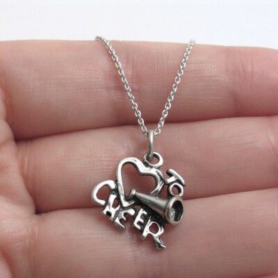 Sterling Silver Womens 1mm Box Chain I LOVE CHEERING Heart Megaphone Pendant Necklace Sterling Silver Womens 1mm Box Chain I LOVE CHEERING Heart Megaphone Pendant Necklace