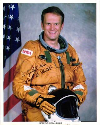 Astronaut Karol J Bobko Signed NASA Photograph Holding Space Helmet 1980