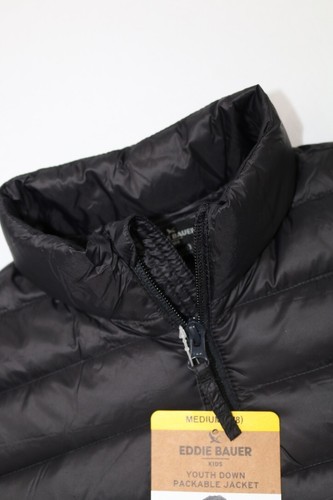 Eddie Bauer Youth Down Packable Jacket Black M 7/8 Lightweight Elastic Cuff 650 - Picture 3 of 19