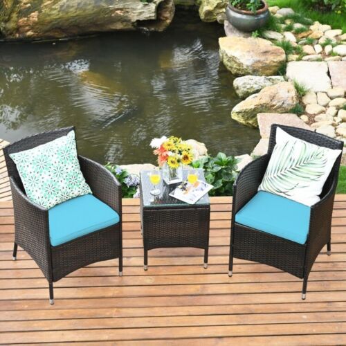 3 PCS Rattan Conversation Patio Set Outdoor Cushioned Wicker Chairs Coffee Table - Picture 7 of 14