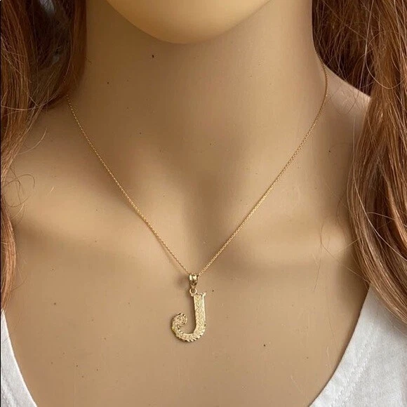 10k Solid Yellow Gold Initial Letter J Pendant Necklace Diamond Cut