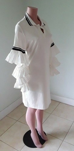 Cq by Cq Ivory Straight Dress w Black/White Neckline & Ruffle Tier Sleeve Sz Med - Picture 6 of 9