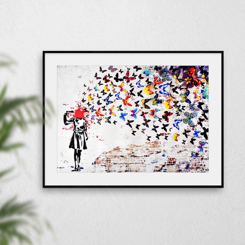 Banksy Headshot Schmetterling Mädchen Wandbild Druck Graffiti Bild Kunstwerk Poster - Bild 1 von 2