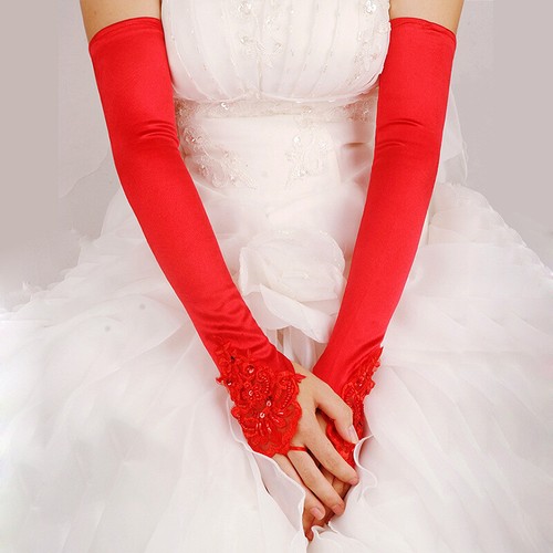 Lange Spitzenhandschuhe Hochzeit fingerlos Perlen Braut Hochzeit Kleid Handschuhe - Bild 9 von 12