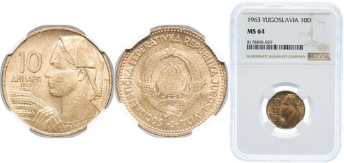 Yugoslavia 1963 10 Dinars Aluminium bronze 91  Cu 9  Al NGC MS 64