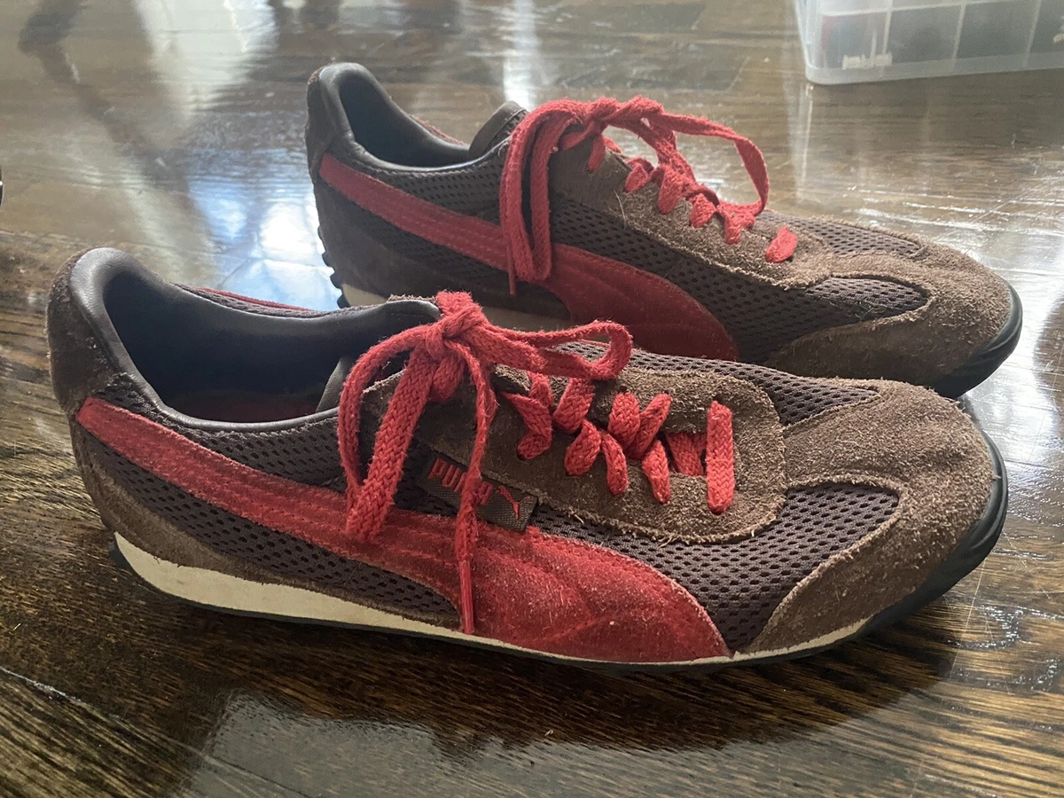 VINTAGE PUMA RETRO RED BROWN SUEDE MESH MEN SHOES SNEAKERS SZ 40 7.5