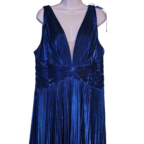 MAC DUGGAL Plissee-Metallic-Kleid mit tiefem Ausschnitt GRÖSSE 16 in SAPHIR - Bild 6 von 13