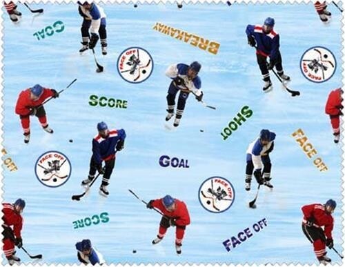 1 7/8 Yards Hockey Players Blue Cotton Fabric - Score Goal Face Off Shoot - Picture 1 of 2