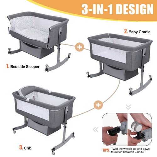 Baby Bassinet Bedside Sleep/er Movable Crib with Large Curvature Cradle Grey  - Picture 6 of 11