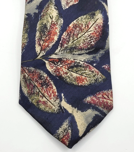 Dark Blue Maroon Beige Leaf Sprawl Pattern Silk VIAGGIO Vintage Business Necktie - Picture 8 of 12
