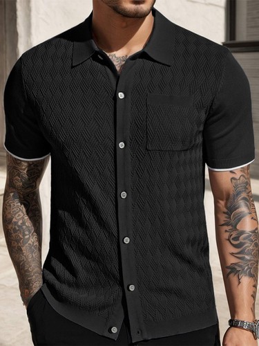 Herren Freizeit Kurzarm Oberteil Strick Struktur Button Down T-Shirt mit Tasche NEU - Bild 7 von 14