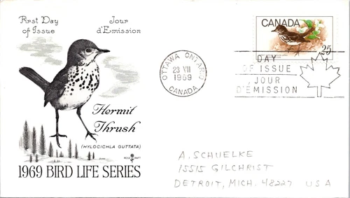 Canada 1969 FDC Bird Life Series, Hermit Thrush - Ottawa, Ont - Single - F76566