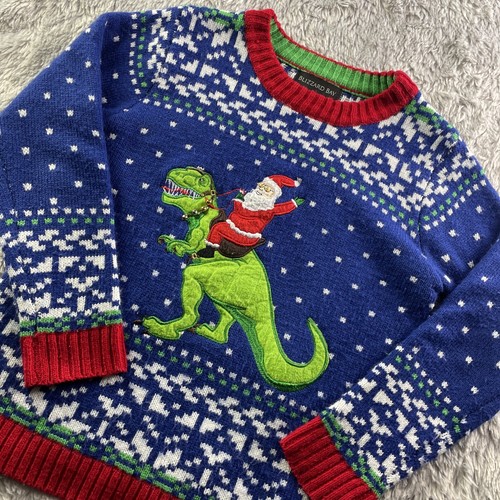 Blizzard Bay Christmas Sweater Youth Small Blue Santa Dinosaur Trex Ugly Xmas