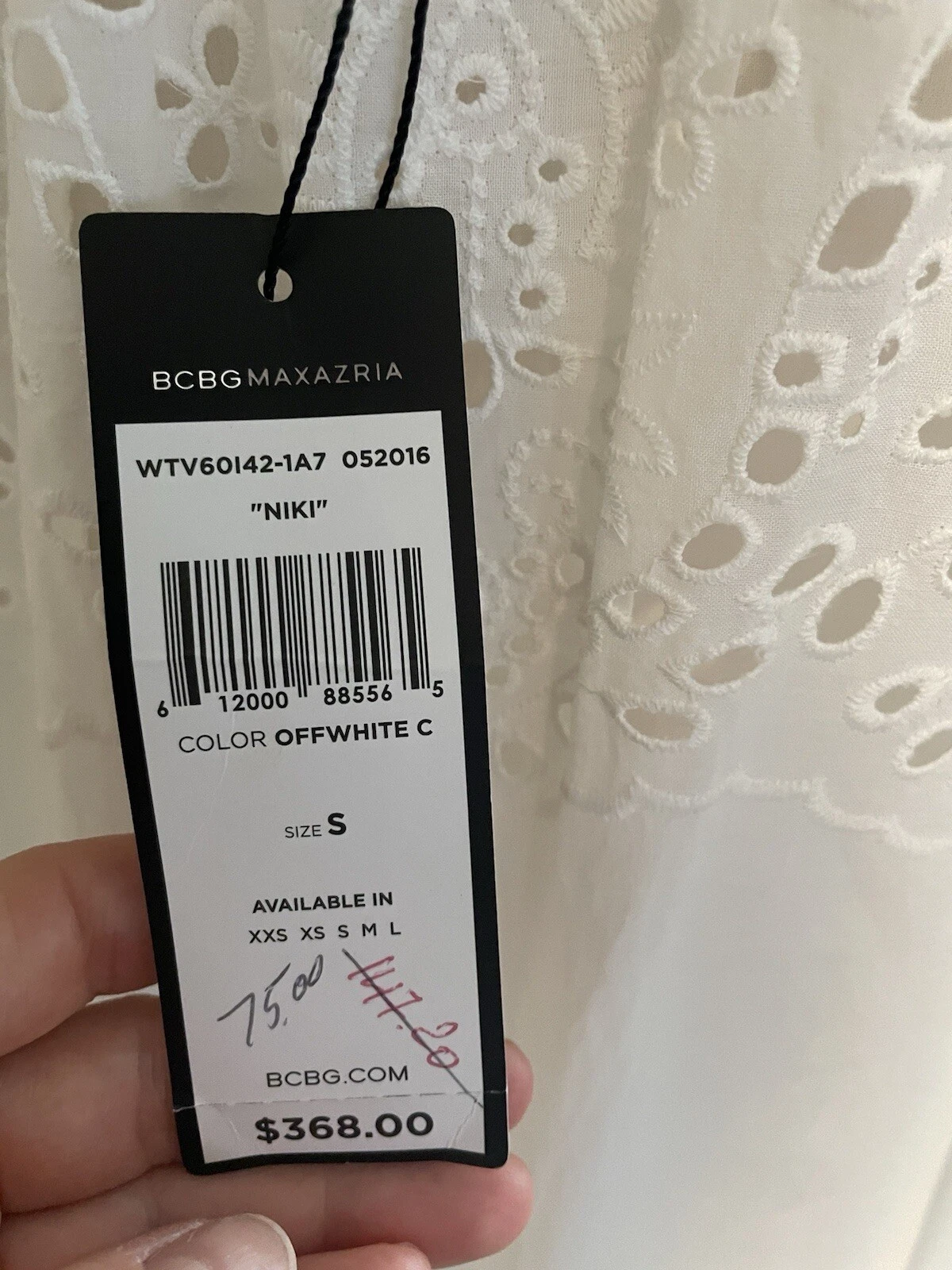 OFF WHITE Nuovo con etichetta! BCBGMAXAZRIA prendisole babydoll cotone occhielli bianco sporco taglia small $368