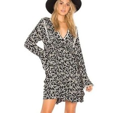 FREE PEOPLE S Dress Black Floral Long Bell Sleeve Swing V Neck Like You Best