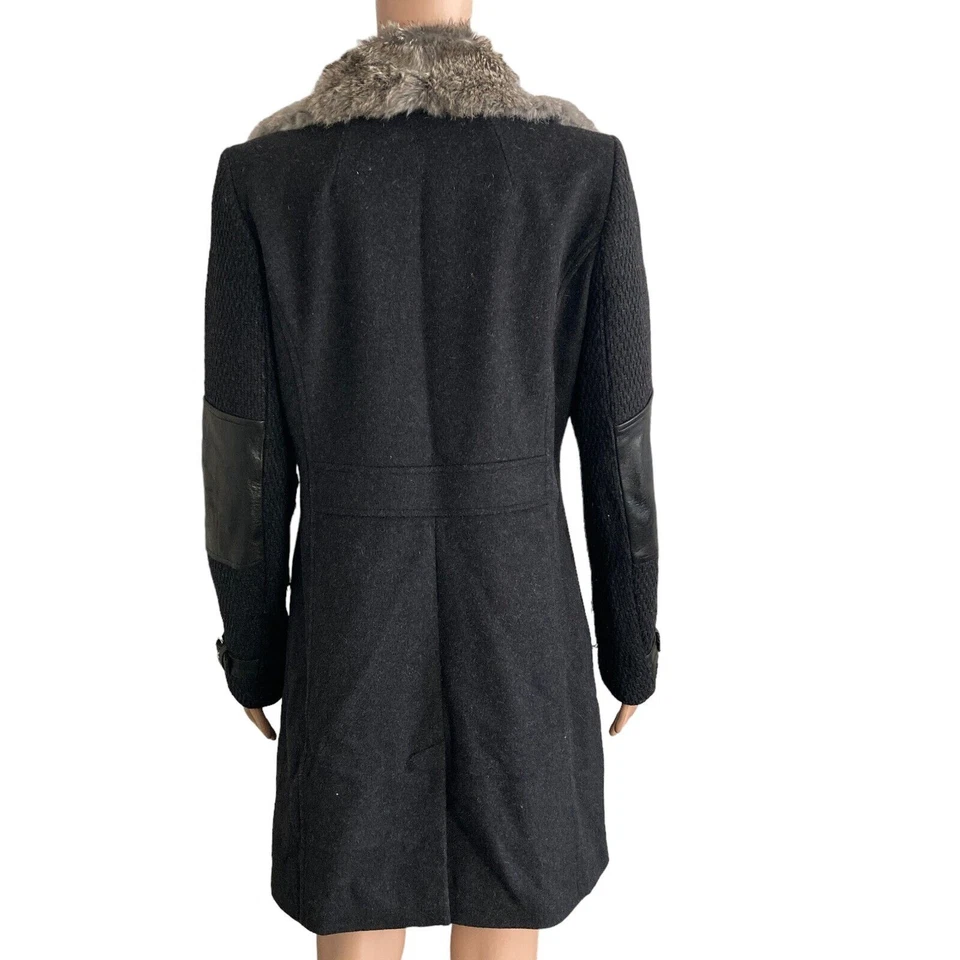 Abrigo Andrew Marc Mara Lana Cachemira Piel de Conejo Borde Cuero Negro Foto 2 de 4