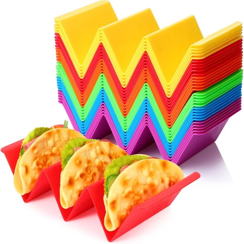 Nuogo 30 Pcs Colorful Taco Holder Stand Bulk Plastic Large Taco Tray Plates H...