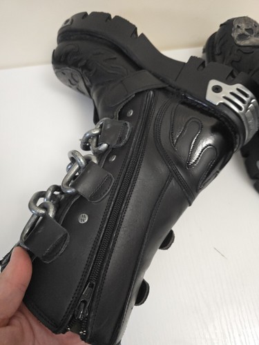 New Rock Reactor Skull Chain Spikes Leather Chunky Mid Calf Boots UK7 EU41 Goth - Picture 10 of 15