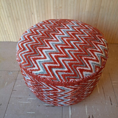 Fab Vintage Retro Round Footstool Pouffe Reupholstered Orange Zigzag Chenille - Picture 2 of 9