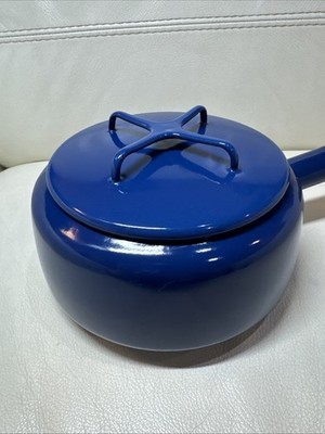 Dansk Kobenstyle Blue Enamel Fondue/Sauce Pan Cross Lid Teak Wood