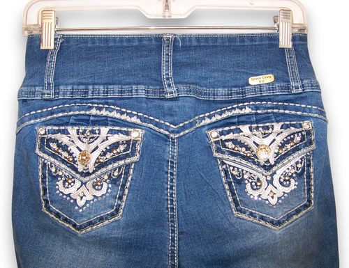 Silver Diva Dark Wash Denim Jeans Mid Rise Distressed Bling Flare Leg Size 5 - Picture 8 of 10
