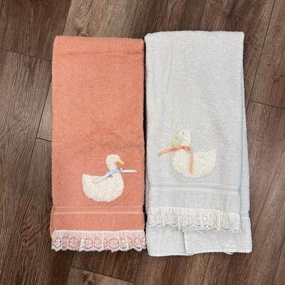 Vintage Goose Bows Appliqué Bath Towels Handmade One Of A Kind Granny Cottage