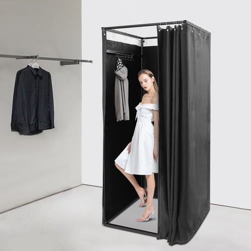 Black Portable Fitting Room Changing Room with Curtain and Hooks New