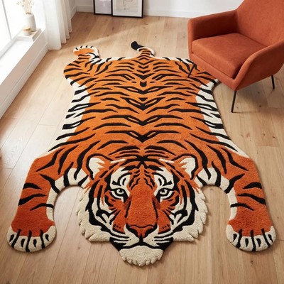 Handgetufteter Tiger Teppich, Tierform Flächenteppich, kräftiges Orange Schwa...