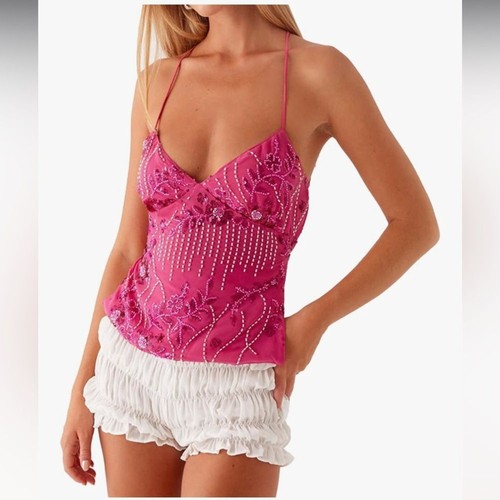 Pailletten Perlen Cami Top VNeck Rückenfrei Criss Cross Träger Crop Top Neu mit Etikett Pink Small - Bild 1 von 6