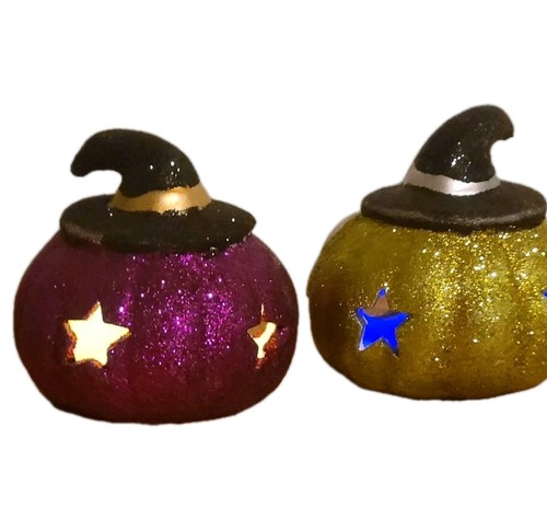 2 Mini LED Glitter Pumpkin Orange Purple Changing Light 3" Silly Stars Witch Hat - Picture 1 of 7