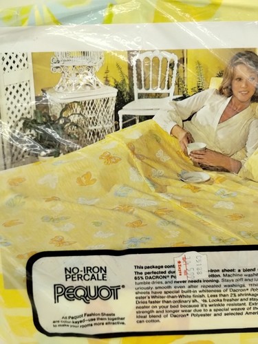 Pequot  FLUTTER-BYE Flat Double Sheet Yellow Butterfly New Vintage MCM  - Picture 7 of 8