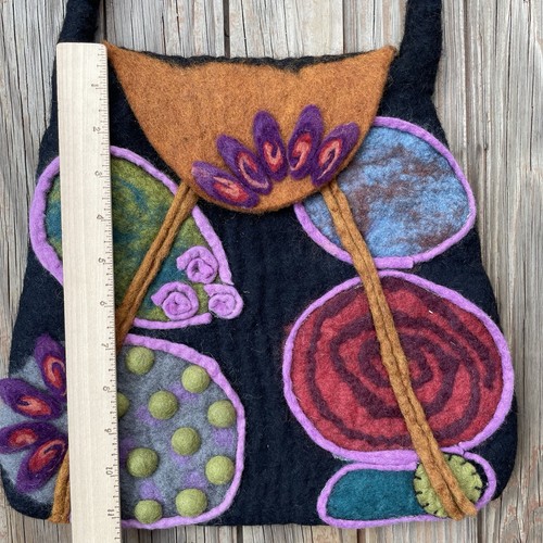 Rising Tide Wool Purse Black Handbag Shoulder Bag Boho Whimsical Flap - Picture 10 of 13