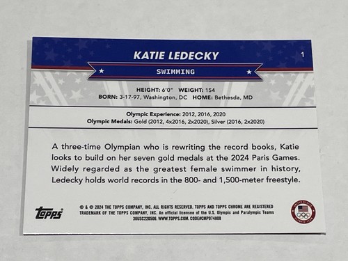 2024 Topps Cromo Juegos Olímpicos y Paralímpicos de Estados Unidos Esperanzas #1 - Katie Ledecky - EE. UU. - Imagen 2 de 2