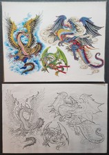Paul Jeffries Vintage Tattoo Flash Sheet Traditional Japanese Dragons With Lines