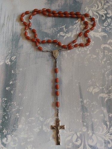 Vintage silver tone chain brown plastic bead rosary Christian cross crucifix - Picture 1 of 6