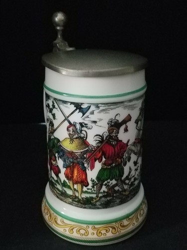 BMF Bierseidel German Beer Stein White Milk Glass Pewter Lid Tavern 20 oz. - Picture 7 of 9
