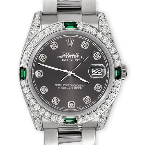 Rolex Datejust 36mm 116200 Watch Diamonds Emeralds Bezel/Lugs/Rhodium Gray Dial - Picture 5 of 7