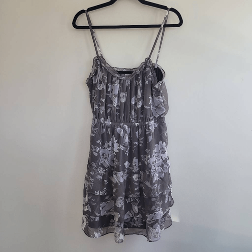 Y2K grey floral ruffle detail sleeveless tank strap mini dress cottage goth